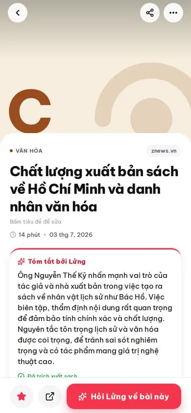Màn hình chi tiết bài viết trong ứng dụng LociArc, gồm tiêu đề, chủ đề, thời gian đọc và bản tóm tắt tự động
